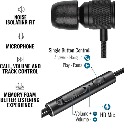 LUDOS Ultra Wired Earbuds in-Ear Headphones, 5 Years Warranty, Earphones with Microphone, Noise Isolating Ear Buds, Memory Foam for iPhone, Samsung, School Students, Kids, Women, Small Ears - Black