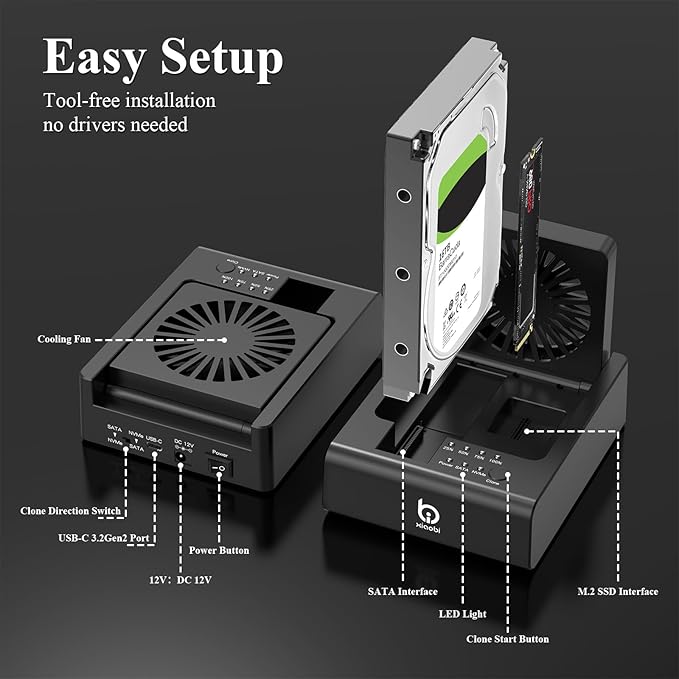 M.2 NVMe & SATA HDD Docking Station,10Gbps USB3.2 Gen2 SSD Cloner for M.2 NVMe SSD + SATA 2.5”/3.5” HDD Converter, Offline Cloning, Tool-Free, Cooling Fan