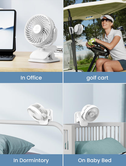 AA Battery Powered Clip on Fan with 4-Speed, 5’’ Small Desk Fan with Aroma Function, USB Powered, 360°Rotation, Ultra Quiet, for Golf Cart, Stroller, Bedroom,Car(Batteries Not Included) (White)