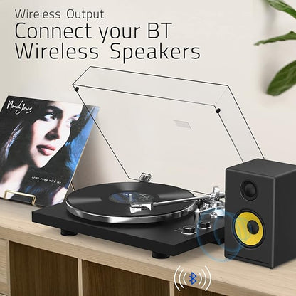 Turntables Belt-Drive Record Player with Wireless Output Connectivity, Vinyl Player Support 33&45 RPM Speed Phono Line USB Digital to PC Recording with Advanced Magnetic Cartridge&Counterweight Black