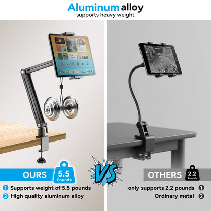 Jakeko Adjustable Tablet Mount for Desk - 360 Degree Rotating Base Tall Arm Holder Stand Swivel Flexible Clamp Soporte para Tablet/Portable Monitor/Ebook