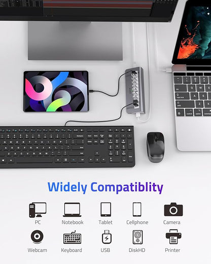 Powered USB Hub 10Gbps, 10 Ports USB 3.1 Gen 2 Hub Power Multiport USB Splitter USB Extender (7 USB 3.1 Data Port and 3 Fast Charging Port) with 36W Power Adapter, for Desktop/USB-A&USB-C Laptop/PC