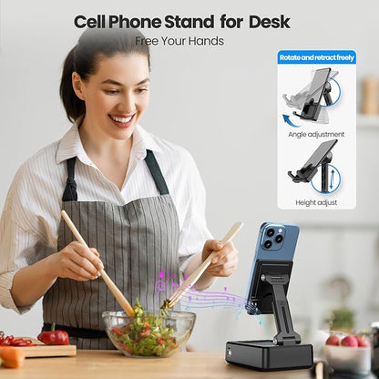 JTEMAN Cell Phone Stand with Bluetooth Speaker and Charging Function,Bluetooth Audio Power Bank Bracket,Birthday Gifts for Men Women,Kitchen Gadgets for Most Phones and Tablets-Black