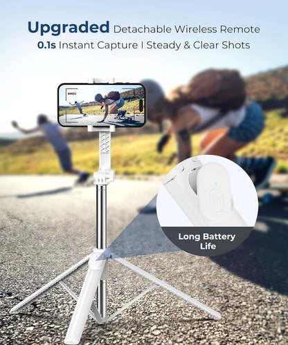 Fuloview 67‘’ Selfie Stick, Phone Tripod with Wireless Remote Control, Portable Selfie Stick Tripod for Photograph, Live Streaming, Video Recording, Compatible with All Cell Phones, White