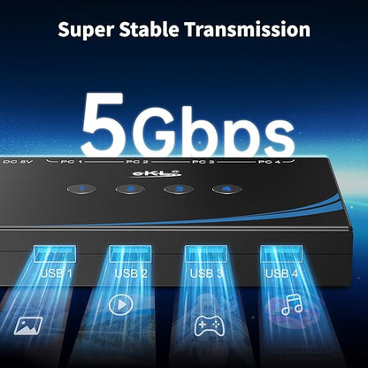 eKL USB 3.0 Switch 4 Computers Share 4 USB 3.0 Ports USB Switcher for PC Laptop Mouse Keyboard Scanner Printer One Button Switch with 3.5mm Headphone Jack and 4 Pack Cables