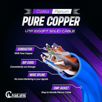 Cat6A Plenum (CMP) Cable 1000ft Blue | 100% Solid Bare Copper 750MHz, PoE++ (4PPoE) 23AWG 4 Pair (UTP) Solid Conductors Quality Tested High Speed cat 6a Ethernet Cable for Networking By Newyork Cables