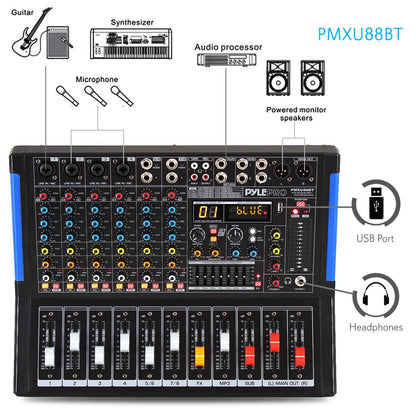 Pyle 8-Channel Console Style Audio Mixer with Bluetooth - DJ Sound Controller, 4 XLR / Combo Inputs, Sub Out, +48V Phantom, USB-A In, 16 DSP Effects, MP3 Player, 7-Band EQ - PMXU88BT