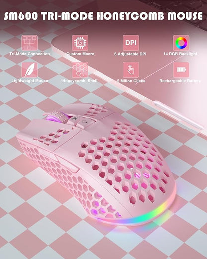 SM600 Pink Wireless Gaming Mouse with Honeycomb Shell, Side Buttons,Tri-Modes(BT5.1+BT5.1+2.4GHz) Lightweight RGB Wireless Mouse for PC/Tablet/Desktop/Office/Games