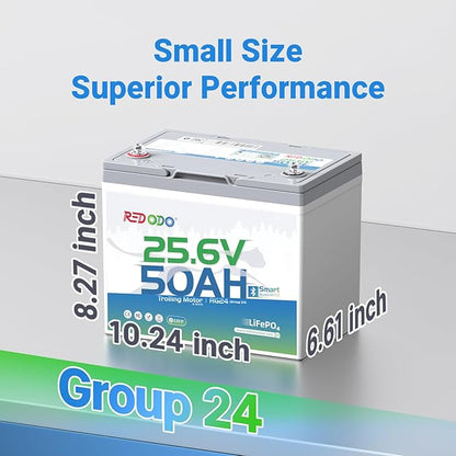 Redodo LiFePO4 Battery Smart Bluetooth 24V 50Ah TM Low-Temp, Lithium Battery Built in 50Ah BMS, 10 Years Lifespan, Perfect for Trolling Motor, Marine, RV, Fishing Finder, Solar and Off Grid