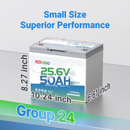 Redodo Bluetooth 24V 50Ah TM Low-Temp LiFePO4 Battery, Smart Lithium Battery Built in 50Ah BMS, 10 Years Lifespan, Perfect for Trolling Motor, Marine, RV, Fishing Finder, Solar and Off Grid-4 Pack