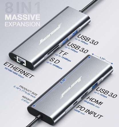 Hiearcool USB C Hub Ethernet,4K@60 USB-C to HDMI Hub,8in1 Multi-Port USBC Adapter Type C Dock Dongle Compatible for MacBook Pro Air iPad Dell Lenovo