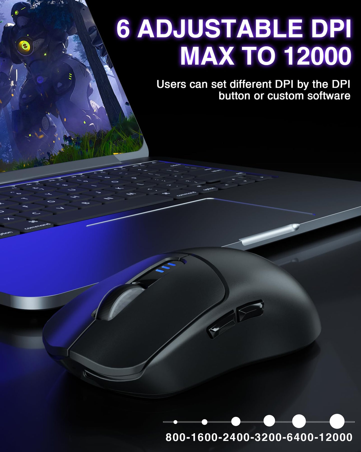 AULA SC580 Wireless Gaming Mouse, Tri-Mode 2.4G/BT5.0/USB-C Gaming Mouse, 12000 DPI Rechargeable Wireless Mouse with 6 Programmable Buttons, Ergonomic Computer Mouse for Laptop/PC/Mac/Tablet