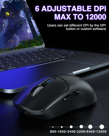 AULA SC580 Wireless Gaming Mouse, Tri-Mode 2.4G/BT5.0/USB-C Gaming Mouse, 12000 DPI Rechargeable Wireless Mouse with 6 Programmable Buttons, Ergonomic Computer Mouse for Laptop/PC/Mac/Tablet