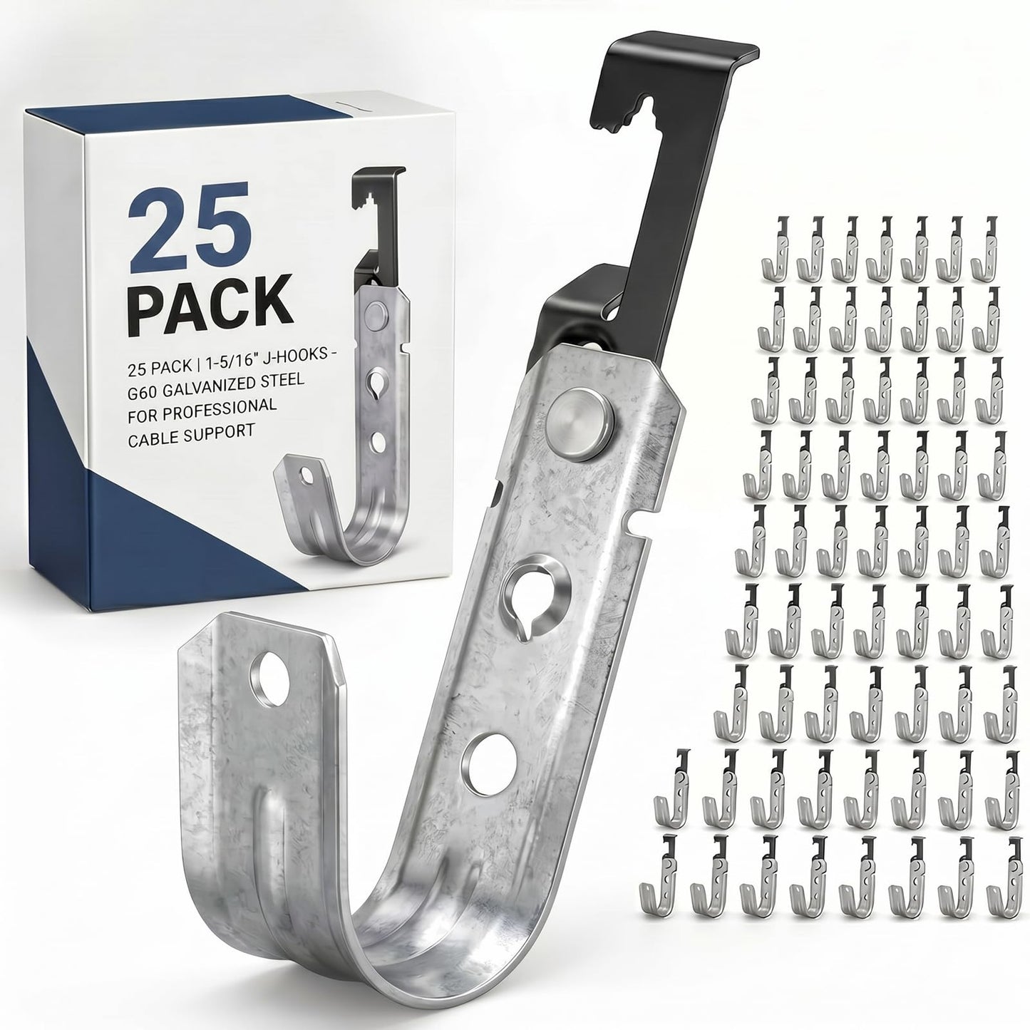 Zonon 25 Pcs J Hooks for Hanging Metal J Hook Hangers Cable Support with Bat Wing Heavy Duty G60 Galvanized Steel Cable Hooks for Attaching Ceiling Wire Threaded Rod (1-5/16 Inch)