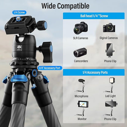 SIRUI Carbon Fiber Travel Tripod with 360° B-00K Arca-Swiss Ballhead, Mini Desktop Tripod for Mirrorless Cameras, Folded Height 12.1", Max Height 16.6″