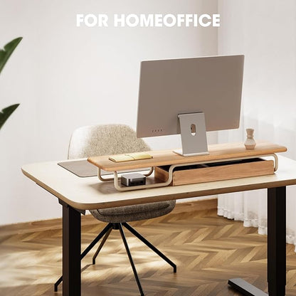 Fenge Dual Monitor Riser, 37 Inch Monitor Stand for Desk, Solid Wood Desk Shelf with Large Drawer Organizer, No Assembly Computer Stand for PC, Laptop, Printer, TV