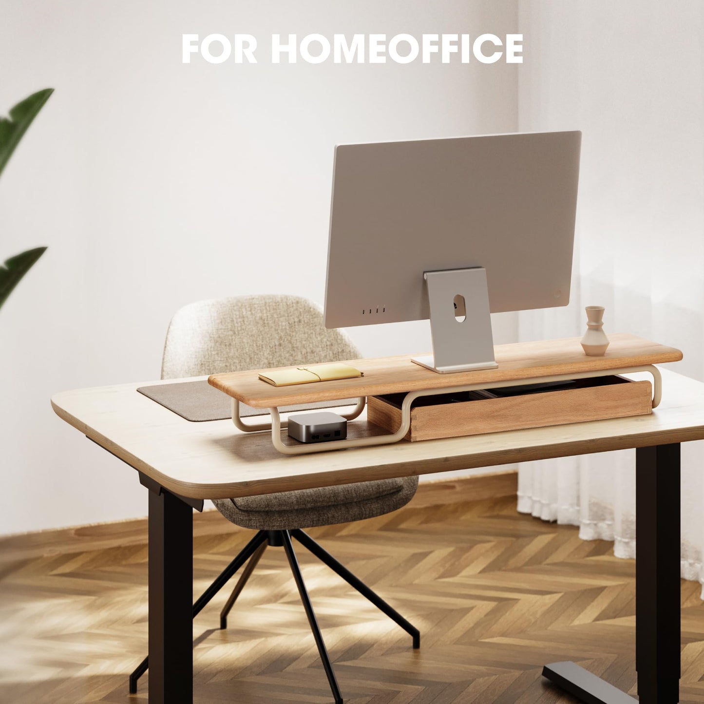 Fenge Solid Wood Monitor Stand with Large Drawer, Oak