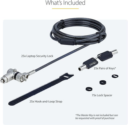 StarTech.com 25-Pack Universal Laptop Lock 6.6ft (2m), Master Keyed Security Cable, Compatible with Noble Wedge/Nano/K-Slot; TAA