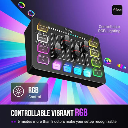 FIFINE Gaming Audio Mixer, Streaming RGB PC Mixer with XLR Microphone Interface, Individual Control, Volume Fader, Mute Button, 48V Phantom Power, for Podcast/Recording/Vocal/Game Voice-AmpliGame SC3
