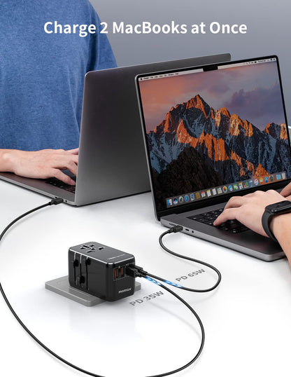 MOMAX 100W Universal Travel Adapter, 5-in-1 GaN International Power Adapter for Laptop, Phone, 2 USB-C PD & 2 USB-A QC Wall Charger, European Travel Plug Adapter for UK/US/AUS/JP, Travel Essentials