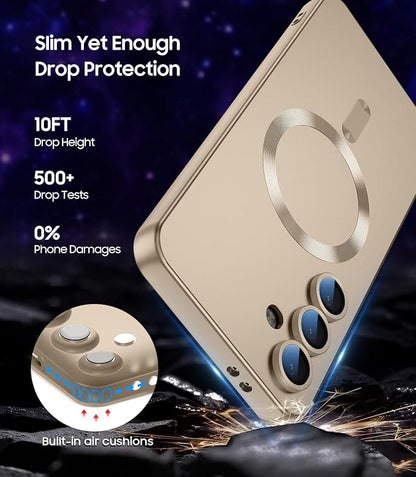 Magnetic for Samsung Galaxy S24 FE Case [Compatible with MagSafe][Built-in Camera Lens Protector] Slim Soft Silicone Bumper Shockproof Metallic Luster Phone Cover (Gold)