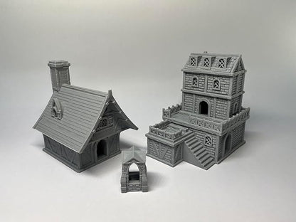 Medieval Miniature Building Terrain Set Compatible with Tabletop RPG War Games, Dioramas Building Set, Paintable, Gift for Tabletop Hobby Enthusiasts by HAUTICO (18mm Scale)