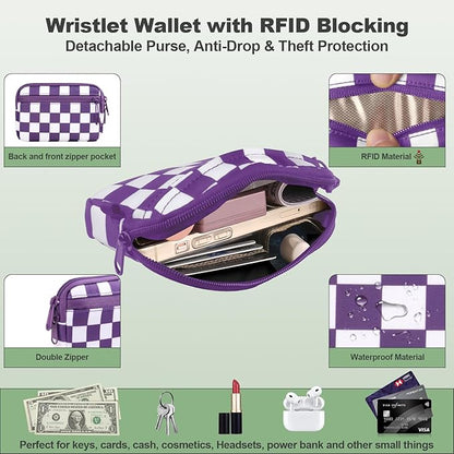 Clip and Go Strap for Phone with Wallet Crossbody, Adjustable Phone Lanyard with Detachable RFID Wristlet Wallet, Phone Strap with Phone Tabs for All Phones, Purple Checkered (M)
