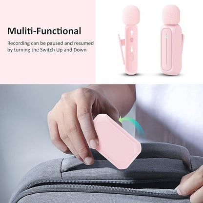 2 Pack Wireless Lavalier Microphone for iPhone iPad Android with Charging Case - 7H Clip on Lapel Microphone Wireless for Video Recording Vlogging, YouTube, Interview, 3 Mode Denoise (Pink)