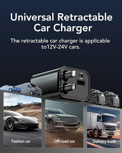 Upgraded Retractable Car Charger Adapter,4 in 1 Fast Charging Car Phone Charger,69W USB C Car Truck Accessories,Road Trip Essentials Gift for Men Women for iPhone 16/15/14/13/12/11,Galaxy,Pixel