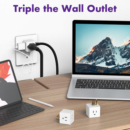 POWERCORDS 3 Outlet Cube Wall Adapter, 3 Pack, Recessed Outlet Extender, Low Profile 3 Prong Plug Splitter, Grounded Wall Tap, 90° Compact Adapter, Cruise & Travel, UL Listed 15A 125V White