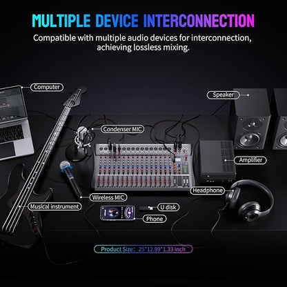 Professional DJ Audio Mixer,NEW BAXS 16 Channel DJ Bluetooth Controller Sound Mixer,USB Interface,16 XLR Mic/Line Input,AUX,FX Processor MP3 Player,+48V Phantom For Karaoke Studio Streaming Recording