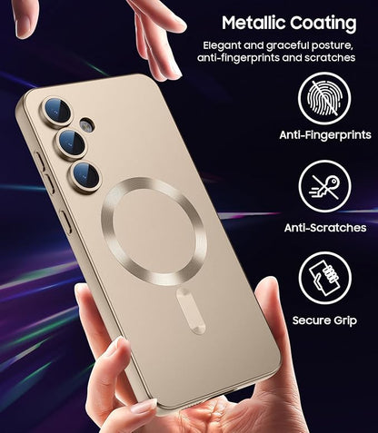 Magnetic for Samsung Galaxy S24 Plus Case [Compatible with MagSafe][Built-in Camera Lens Protector] Slim Soft Silicone Bumper Shockproof Metallic Luster Phone Case (Gold)