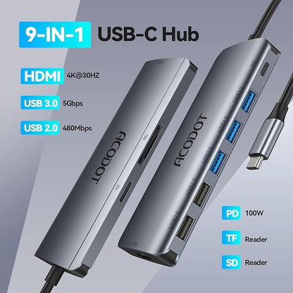 USB C Hub, Acodot 9 in 1 Type C Hub Adapter Portable Docking Station Aluminum Dongle Compatible with MacBook Pro/Thunderbolt 3 Laptops of Type C Devices, with 4K HDMI/ 5 USB Ports/ 100W PD/SD/TF