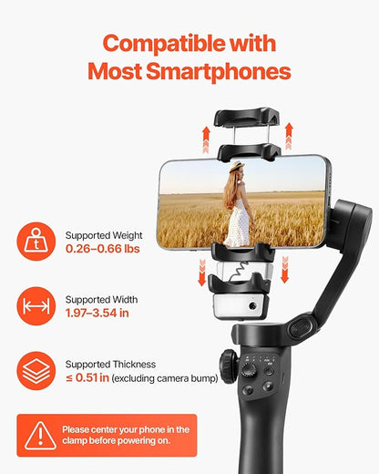 VEVOR Gimbal Stabilizer for Smartphone, 3-Axis Stabilization, AI-Powered Phone Gimbal for Android iPhone with Fill Light, Tripod, Auto Tracking, Portable Foldable Phone Stabilizer for Video Recording