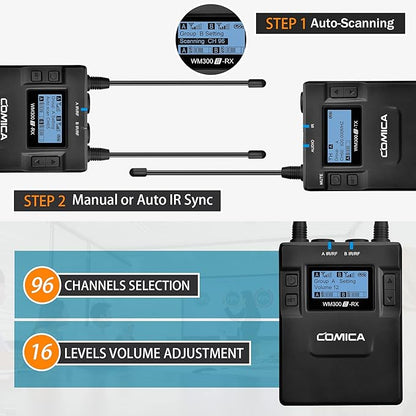 Dual Wireless Lavalier Microphone System,Comica CVM-WM300A UHF 96 Channel Professional Lapel Lav Microphone for DSLR Canon Nikon Sony Camera XLR Camcorder Youtube Interview TV Video Recording(2TX+1RX)