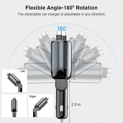 Retractable Car Charger for 4 in 1 Fast Charging Max 80W【ONLY 2 Type-C Charging Cable】 for iPhone16 15/Galaxy,USB-A/C Port for iPhone16/15/14/13/Pro Max Plus,iPad,AirPods,PD 3.0 Cord