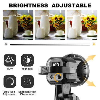 GVM Great Video Maker 80W CRI97+ Video Lights with Bowens Mount Color Temperature 5600K Dimmable LED Continuous Lighting Spotlight Photography Shooting Light with Reflector (80W + Filter) (VC-P80S)