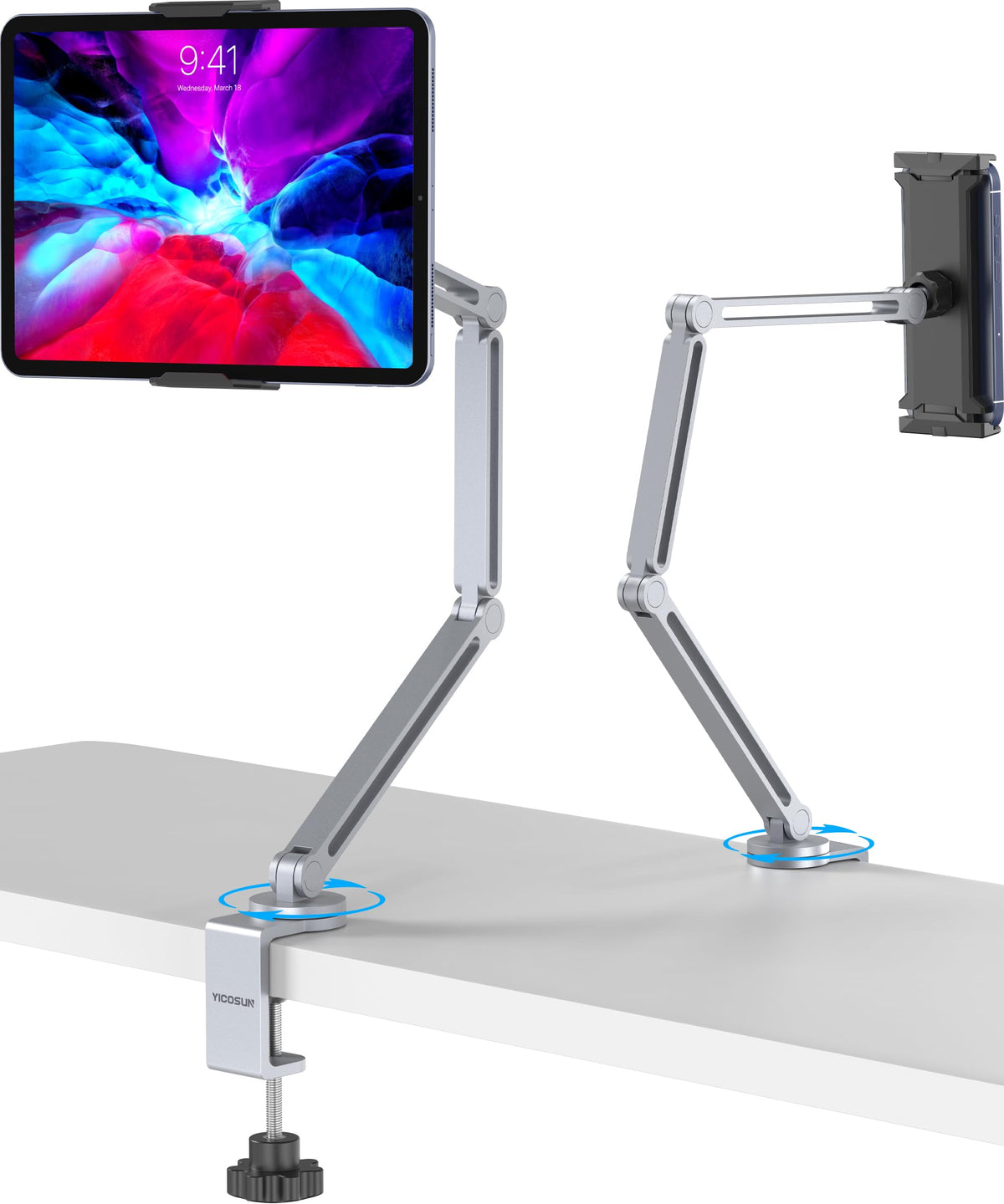 YICOSUN Tablet Stand for Desk - Heavy Duty Aluminum iPad Arm Mount with Super Grip Clamp, 360° Rotating Foldable Holder for 4.7-13" iPad, Kindle, Phone - Reading, Drawing, Video Call - Gray