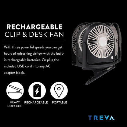Treva 5 in Rechargeable 3-Speed Portable Cooling Fan with Removeable Clip