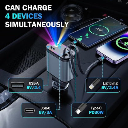 Car Charger with Starlight, 66W USB C Fast Car Chargers Adapter, 4 in 1 Retractable Car Charger with 2 USB Ports Car Phone Chargers for iPhone 16/15/14/13/12/11 and for Android (Dark Grey)