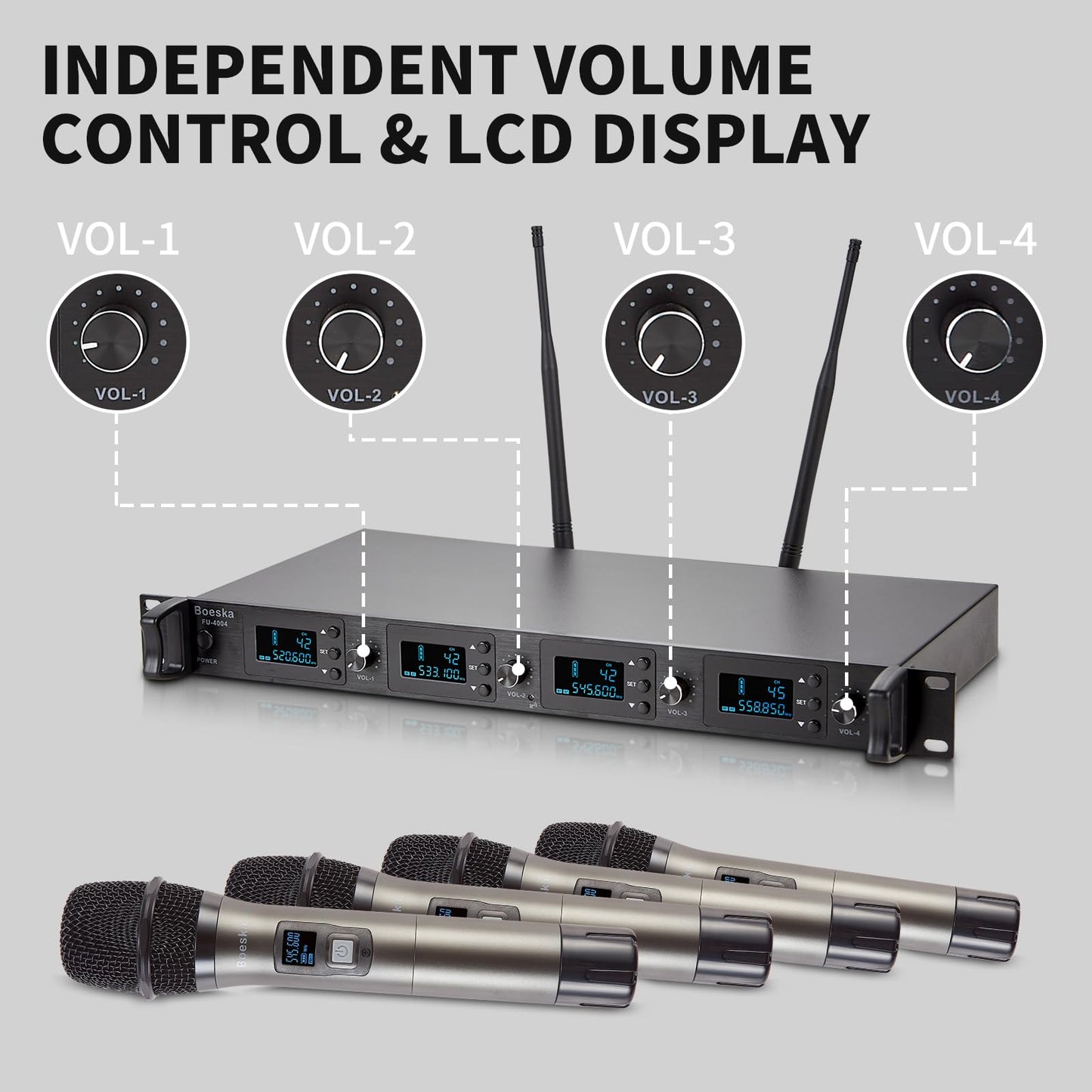Boeska Wireless Microphone System, 4-Channel UHF Wireless Mic, Fixed Frequency Metal Cordless Mic with 4 Handheld Dynamic Microphones, 200ft Range, Mics for Singing, Church (4 Handheld)