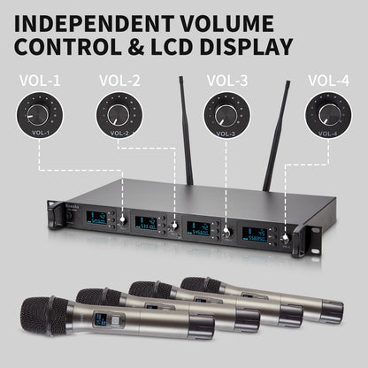 Boeska Wireless Microphone System, 4-Channel UHF Wireless Mic, Fixed Frequency Metal Cordless Mic with 4 Handheld Dynamic Microphones, 200ft Range, Mics for Singing, Church (4 Handheld)