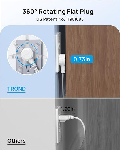 TROND 360° Rotating Flat Plug Extension Cord Surge Protector 15ft, Small Power Strip with 900 Joules, 3 Side Grounded Outlets, 13A, SPT 16/3 Gauge Wire, for Indoor Home Office Dorm Essentials, White