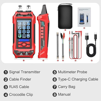 11 In 1 Network Cable Tester with 60000 Digit Multimeter 7 Wavelengths OPM 10Km/10mW VFL 600M Measurable Length 100 Records Tool Kit for CAT5 CAT6 Telephone Ethernet RJ11 RJ45 PoE Wire Tracer NCV, Red