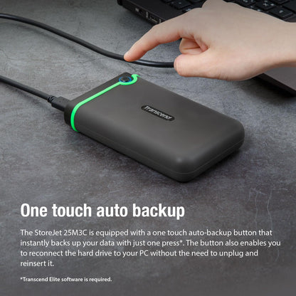 Transcend StoreJet 2TB Rugged External Hard Drive, for PS4/PC/Mac/Desktop, Laptop/Xbox One/Xbox 360, USB3.1Gen1(5Gbps) Type-C Portable HDD/One Touch Auto-Backup Button/Anti-Shock Resistant-TS2TSJ25M3C