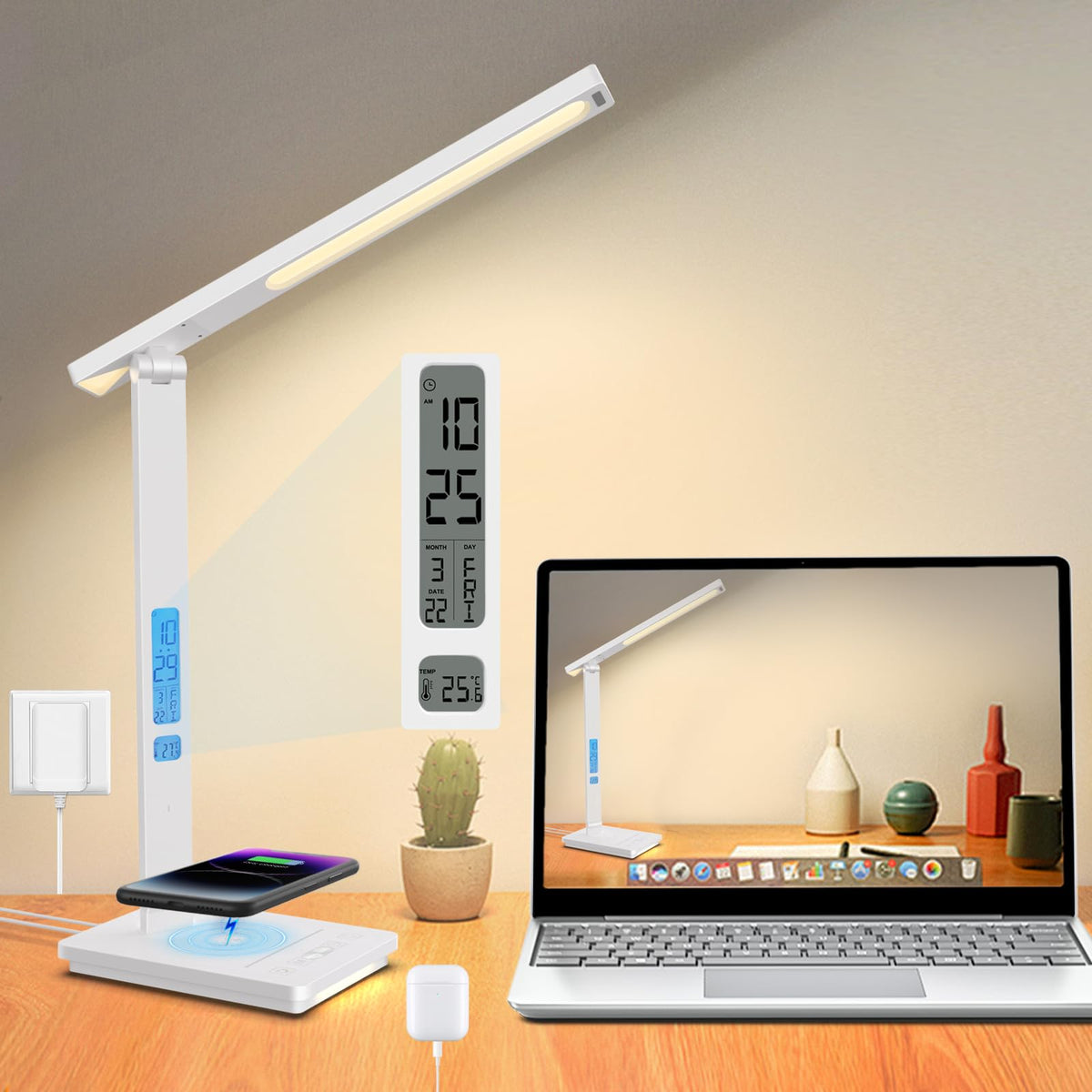 oviouit LED Desk Lamp with Charger, USB Charging Port, Dual Swing Arm Desk Light with 5 Brightness, 3 Colors, Table Lamp with Clock, Alarm, Date, Temperature, Desk Lamp for Home Office Study (Black)