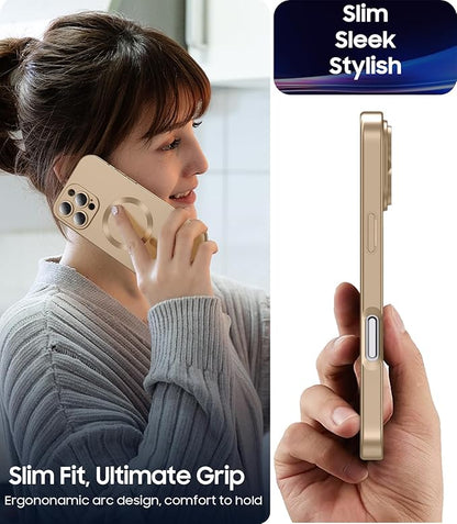 Magnetic for iPhone 16 Pro Case [Compatible with MagSafe][Built-in Camera Lens Protector] Slim Soft Silicone Bumper Shockproof Metallic Luster Phone Case (Gold)