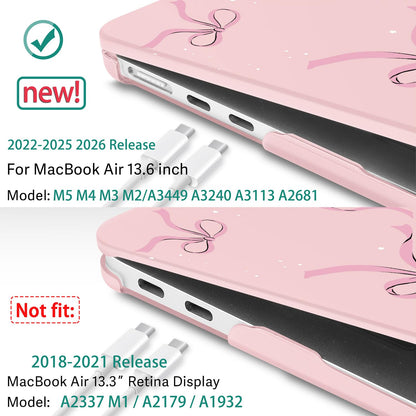 May Chen Case for MacBook Air 13/13.6 inch M5 A3449 M4 A3240 M3 A3113 M2 A2681, 2026 2025 2024-2022, Plastic Hard Shell with Keyboard Cover & Screec Protector, Chalk Pink Bow