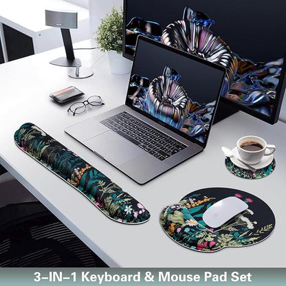 Mouse Pad with Wrist Rest Set, Qomolama 3-in-1 Wrist Support Mouse Pad Set, Floral Gaming Mousepad with Anti-Skid Base,Ergonomic Mouse Pad,Memory Foam Keyboard Gel Wrist Rest