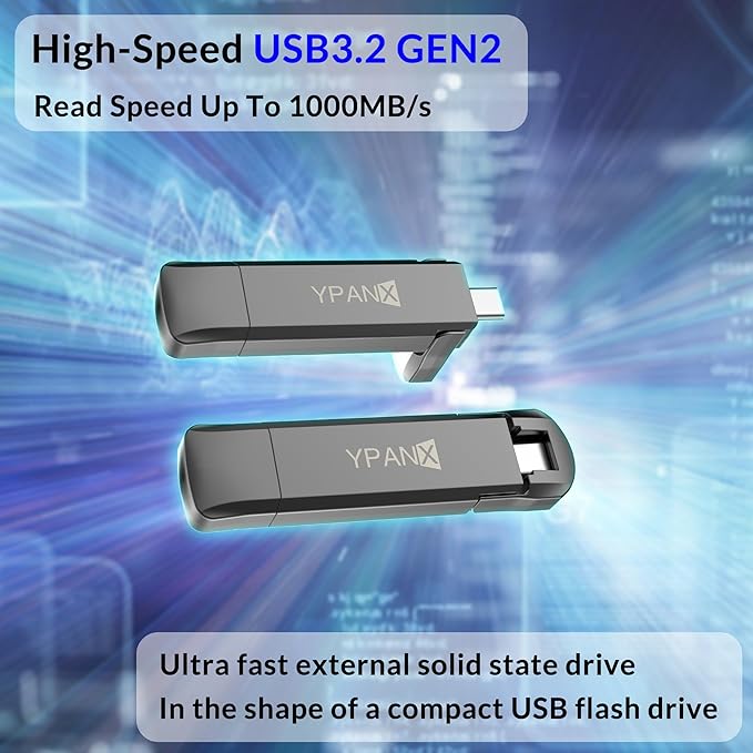 YPANX 512GB Pro Portable SSD, 1000MB/s Speed, USB 3.2 Gen 2 + Type C Dual-Port, Lightweight External SSD for iPhone 15/16/Pro, Android, Windows, Mac, Tablets